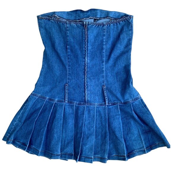 Y2K Denim Tube Dress M Pleated Skirt Lace-Up Front Drop Waist Skater 2000s USA - Picture 7 of 16